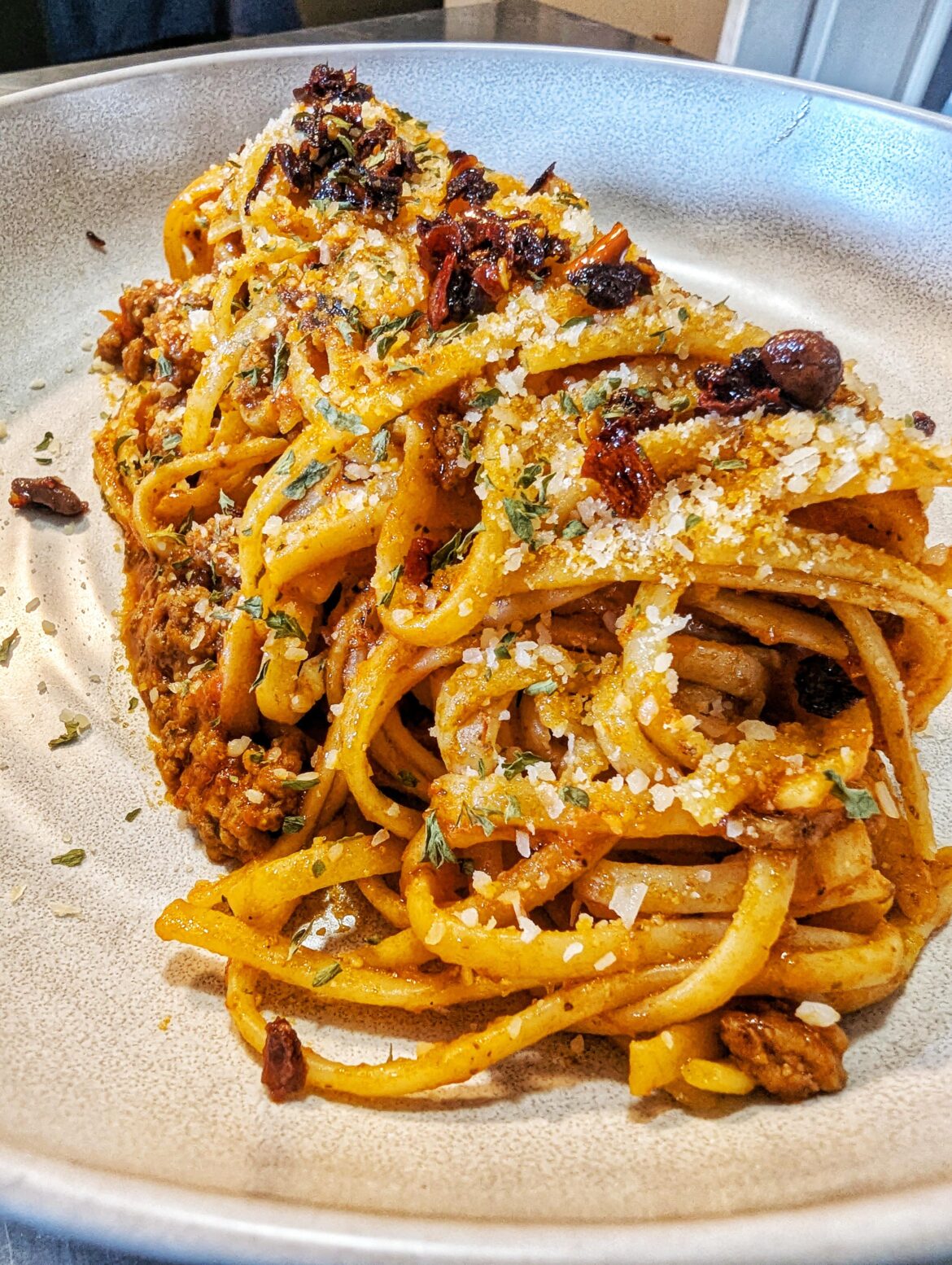 Spicy Chili Crisp Linguine with Meat Sauce
