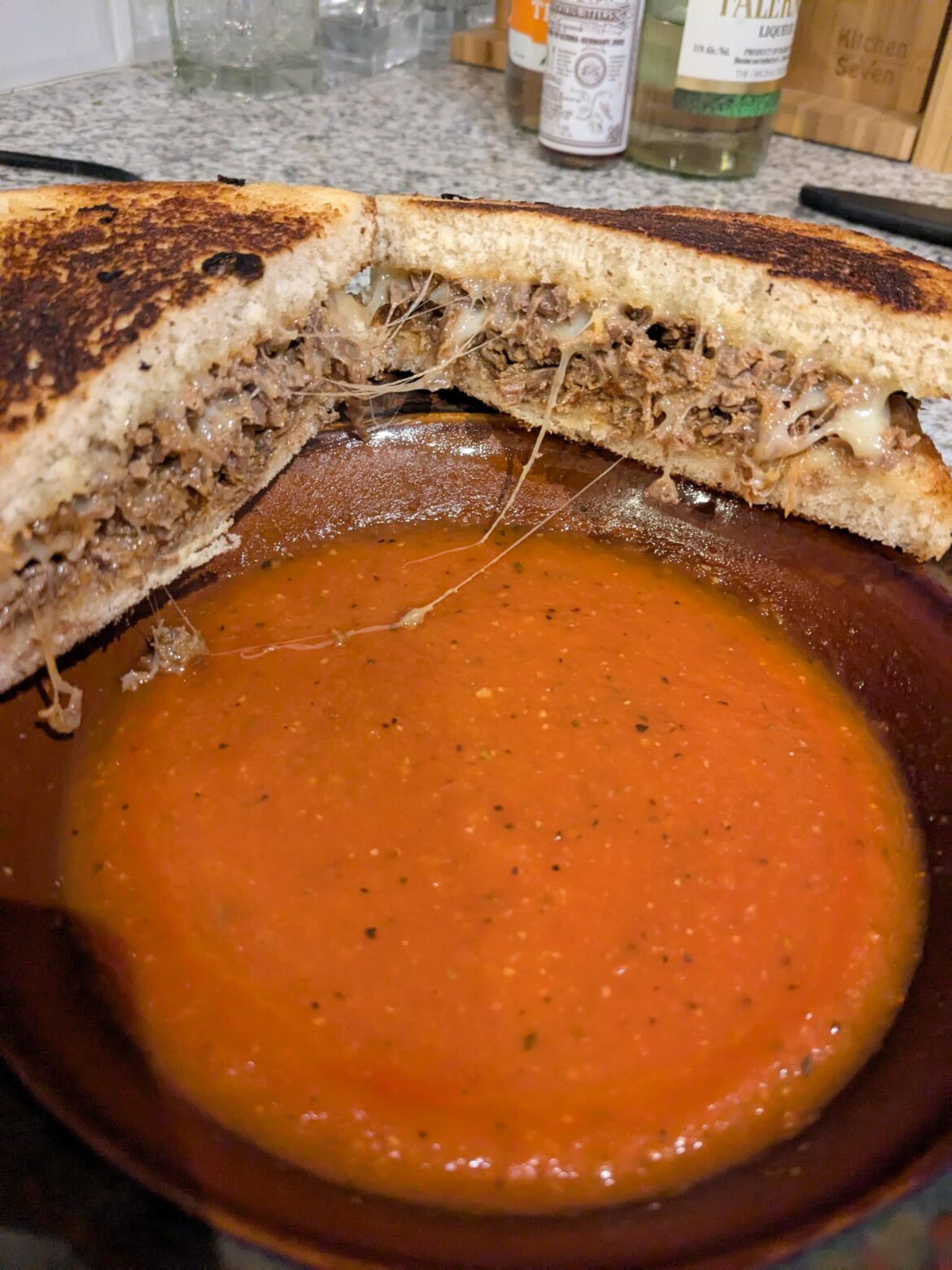 Used some leftover brisket to make a melt, and ate it with leftover tomato soup