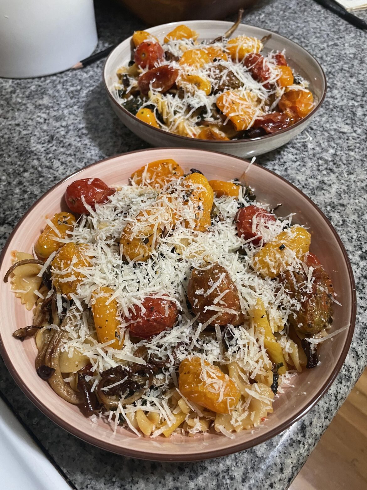 summer pasta w roasted tomatoes, pioppini mushrooms, kale, and lots of parmesan