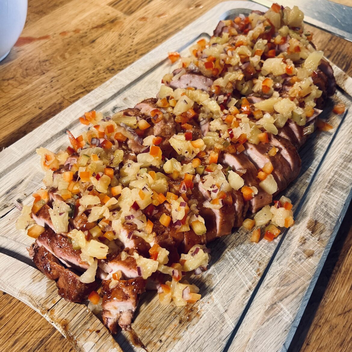 Smoked pork tenderloin and pineapple whiskey salsa