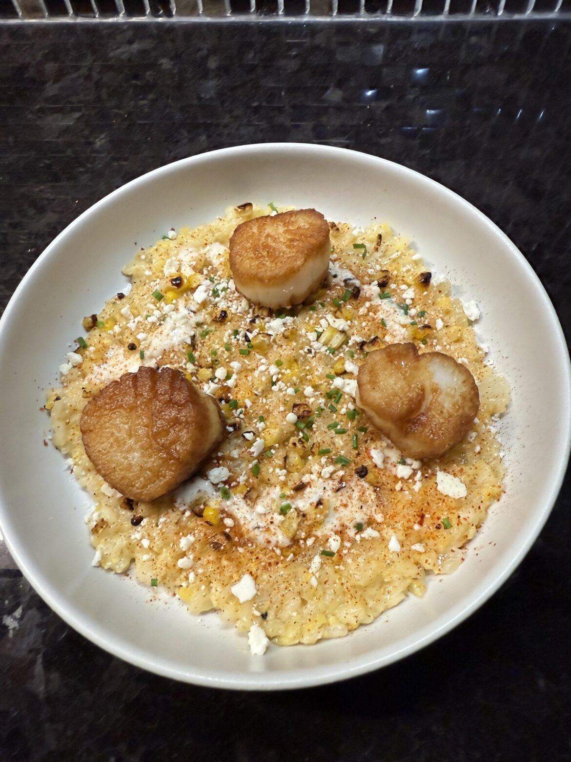 Scallops w/ Esquite Risotto and Onion Soubise