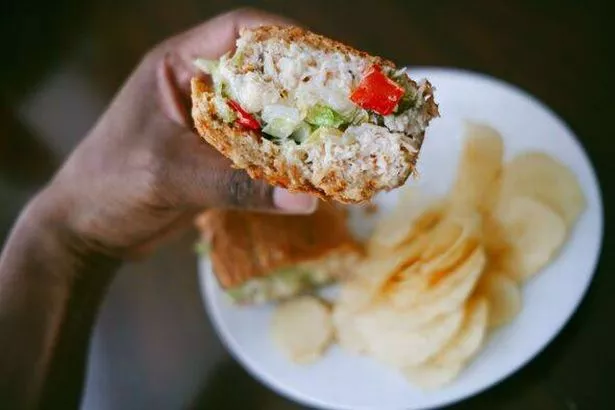 Woman Eats Toasted Tuna Salad Sandwich With Side of Chips