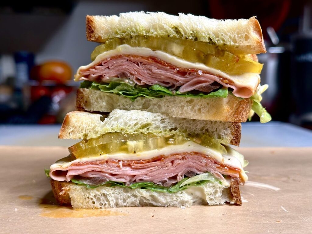 Mortadella, pepperoni, and Muenster on homemade bread