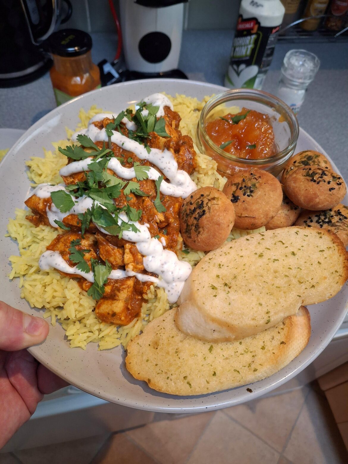 Home made chicken rogan josh, my lazy pilau rice and a few bits of garlic bread and chicken tikka naan balls