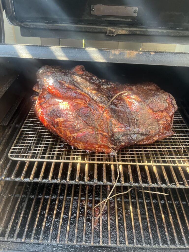 Full pork shoulder.  Timberline 850.  13 hour cook.  Thoughts?