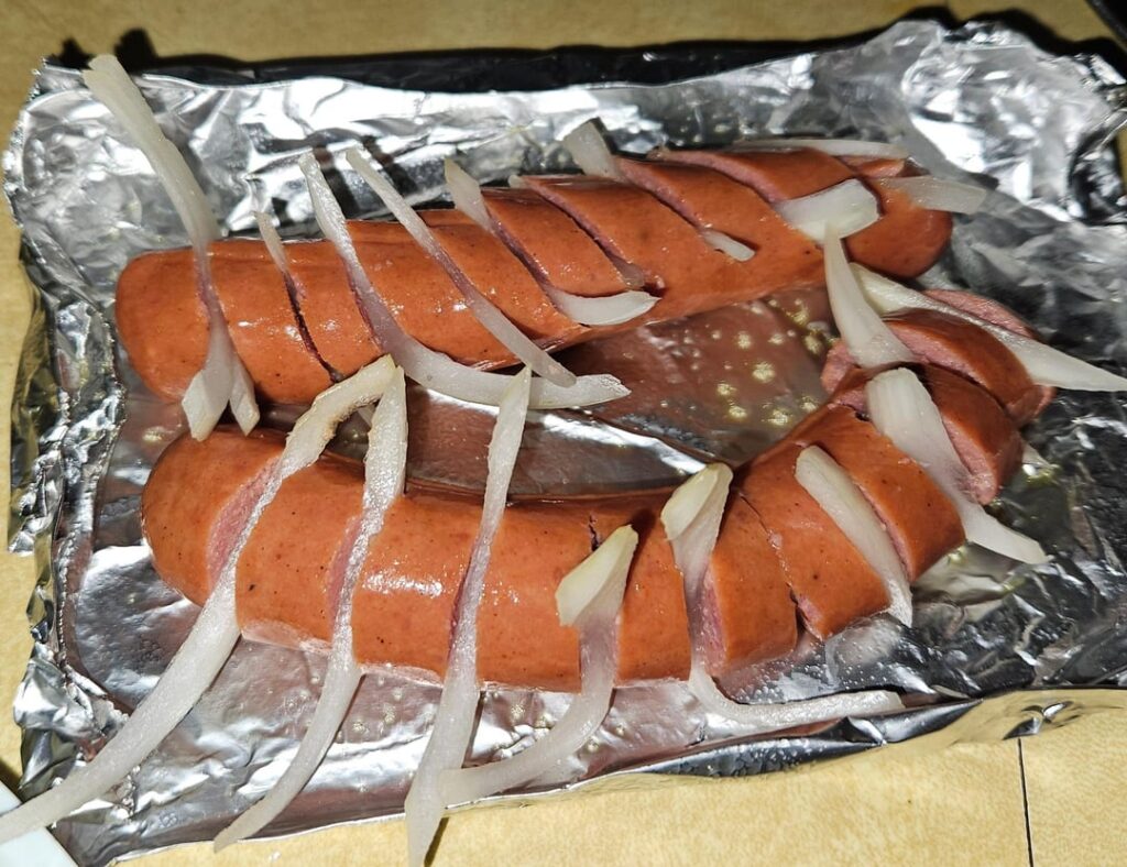 The only way I make hotdogs now! Air fryer with onion slices, bbq
