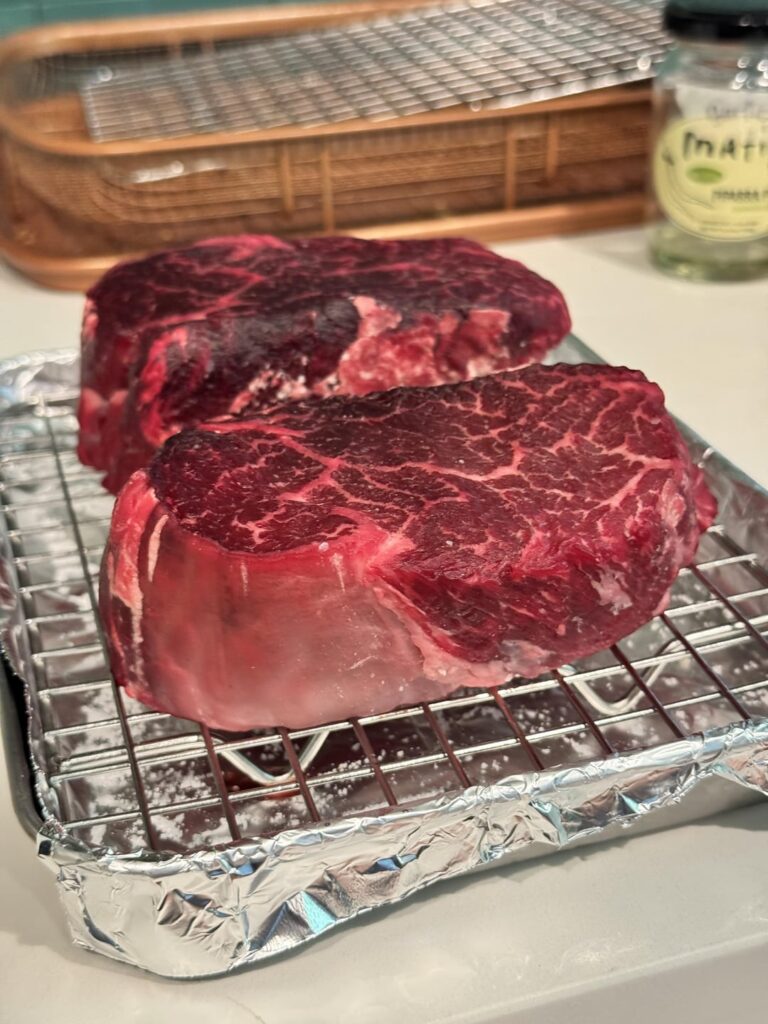 12 oz medium rare filets, dry brined and reverse seared