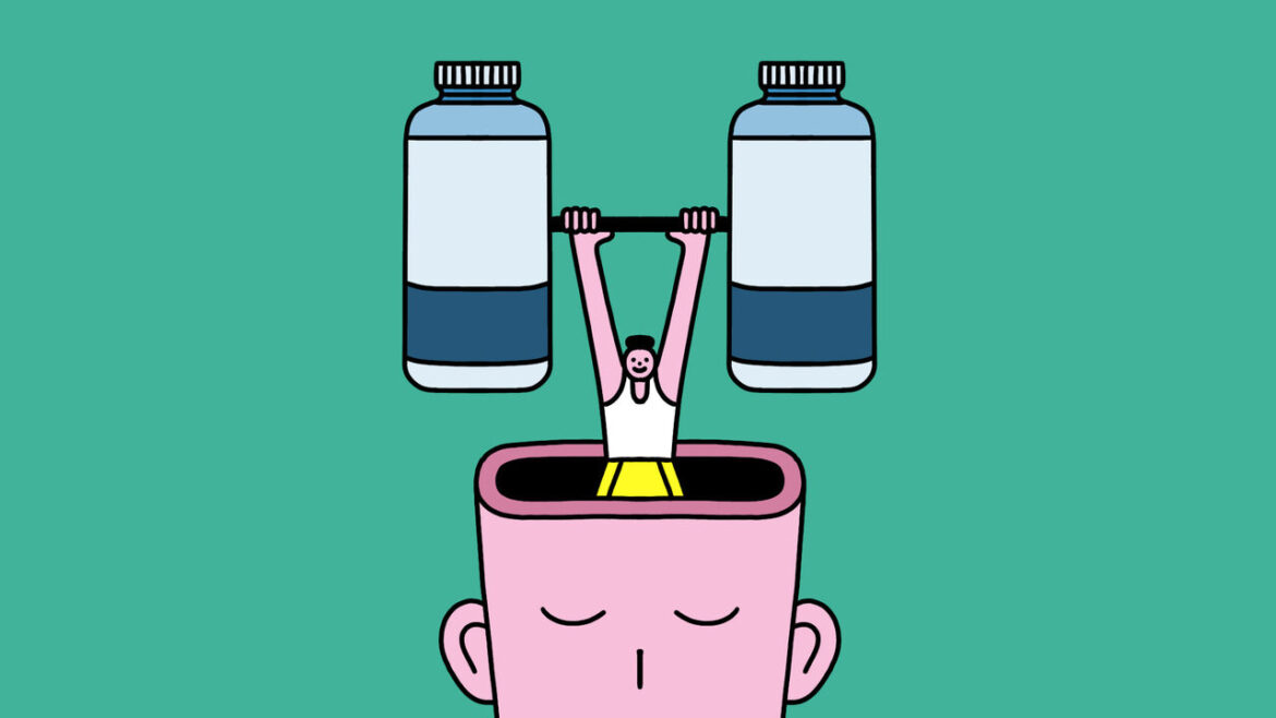 A person lifting a bar bell with two tubs of creatine as the weights. They're emerging from a larger person's head.