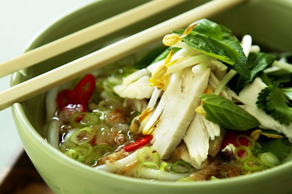 Jill Dupleix’s fragrant chicken and rice noodle soup.