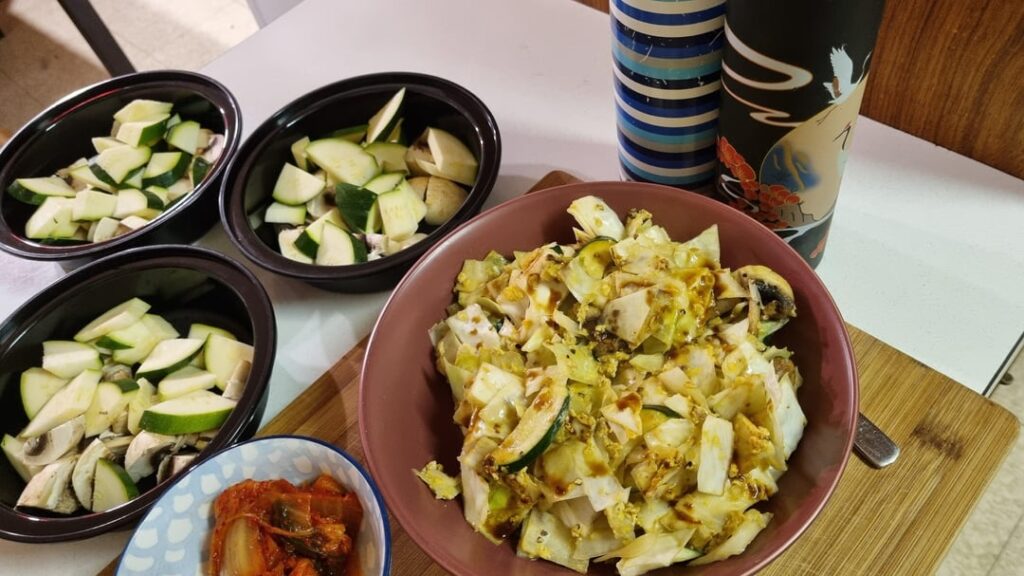 Cabbage/Veg/Egg Stir Fry & Chicken Rissoles w Veg
