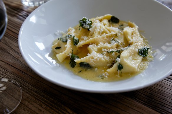 Leek and ricotta ravioli in butter and sage sauce.
