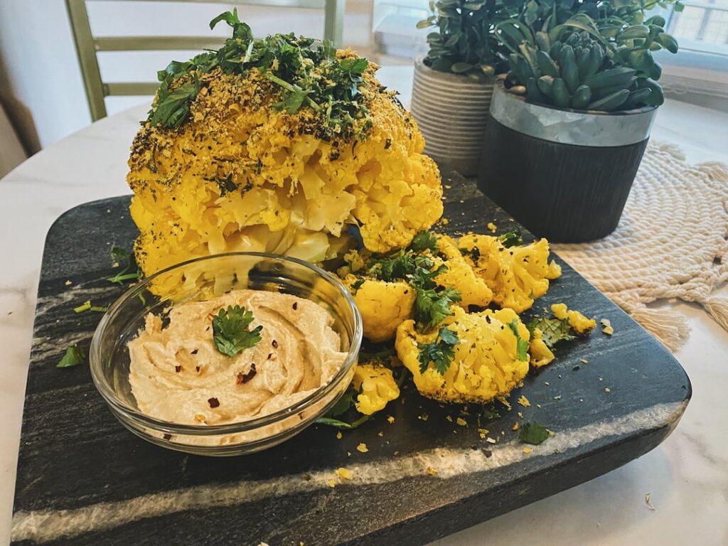 air fried cauliflower head (with hummus)