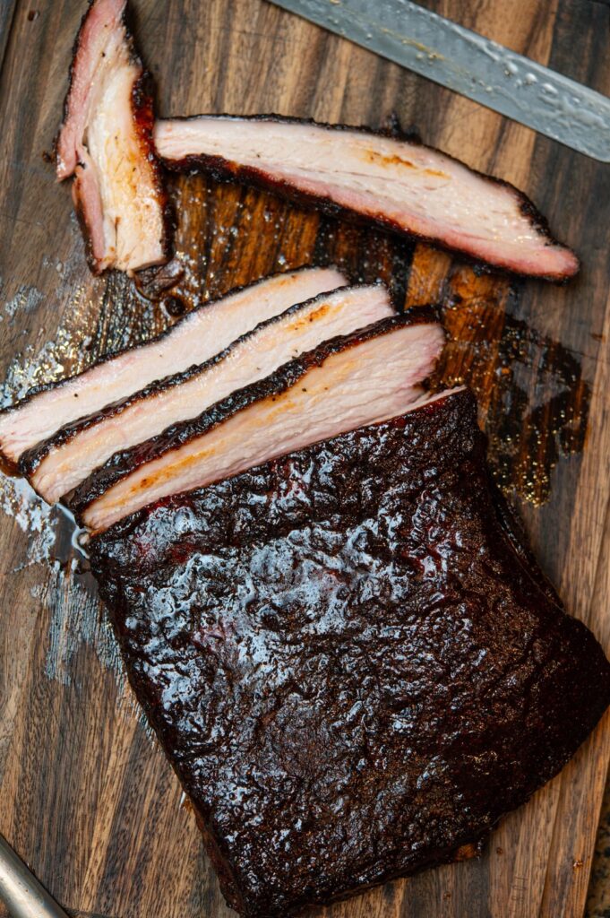 Smoked pork belly with honey, teriyaki gochujang glaze.