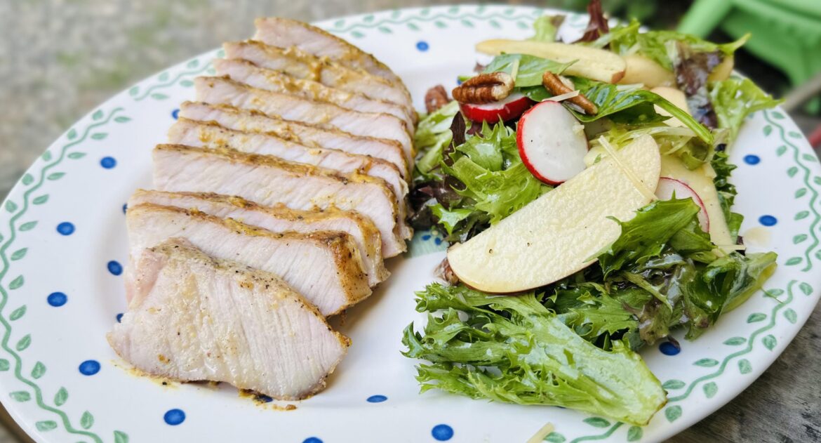 Grilled Spicy Honey Mustard Chops with Fuji Apple Spring Salad