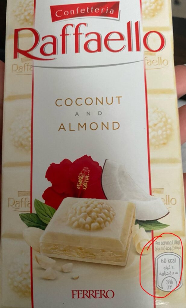 Confusion with Raffaello chocolate bar calories