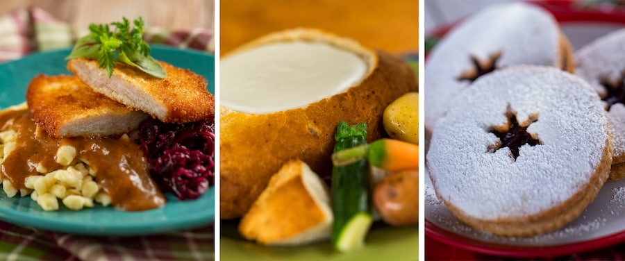 Pork Schnitzel, Cheese Fondue and Linzer Cookie from the Bavaria Holiday Kitchen at EPCOT Festival of the Holidays