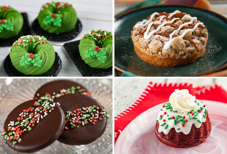 Mint Chocolate Mousse Wreath, Apple Caramel Crumb Cake, Chocolate-covered Toffee Brittle and Red Velvet Mini Bundt Cake with Cream Cheese Icing from Holiday Hearth Desserts at EPCOT Festival of the Holidays