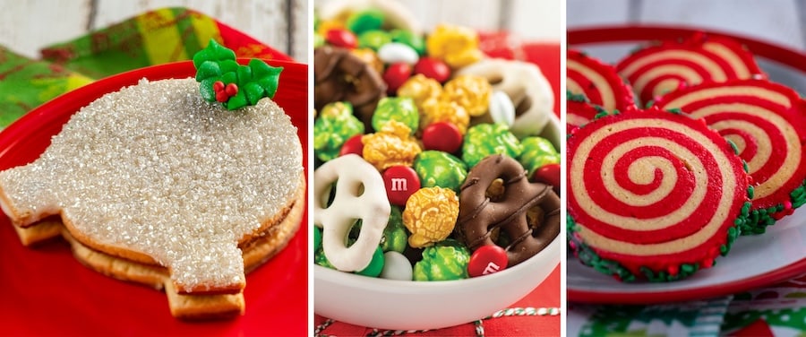 Salted Caramel Spaceship Earth Cookie, Mouse Crunch made with M&M’S chocolate candies and Peppermint Pinwheel Cookie from Holiday Hearth Desserts at EPCOT Festival of the Holidays