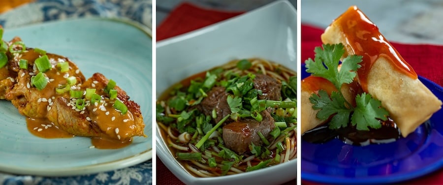 Chicken Skewer with creamy peanut sauce, Beef and Noodle Soup Bowl with slow-braised beef shank, green onion, and house-made chili oil, and Vegetable Spring Rolls with citrus sauce from the Shanghai Holiday Kitchen at EPCOT Festival of the Holidays