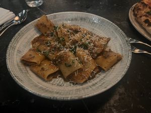 The Paccheri Ortolana: a mushroom and vegetable ragu with tomato and flat leaf parsley.