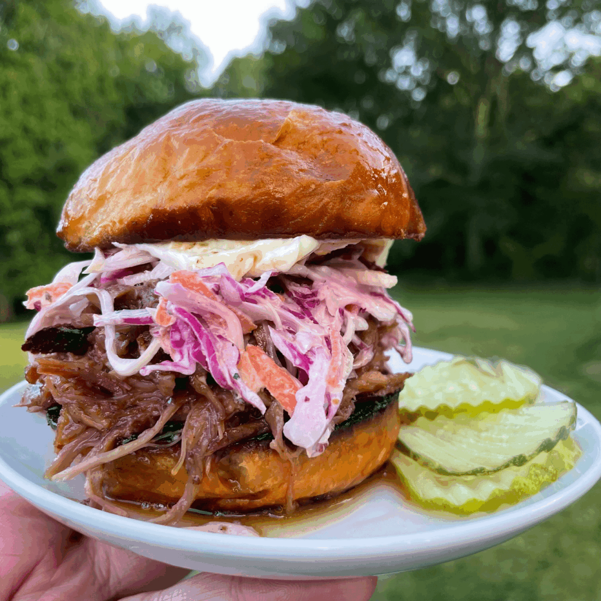 Pulled pork sandwich w/ slaw on homemade buns