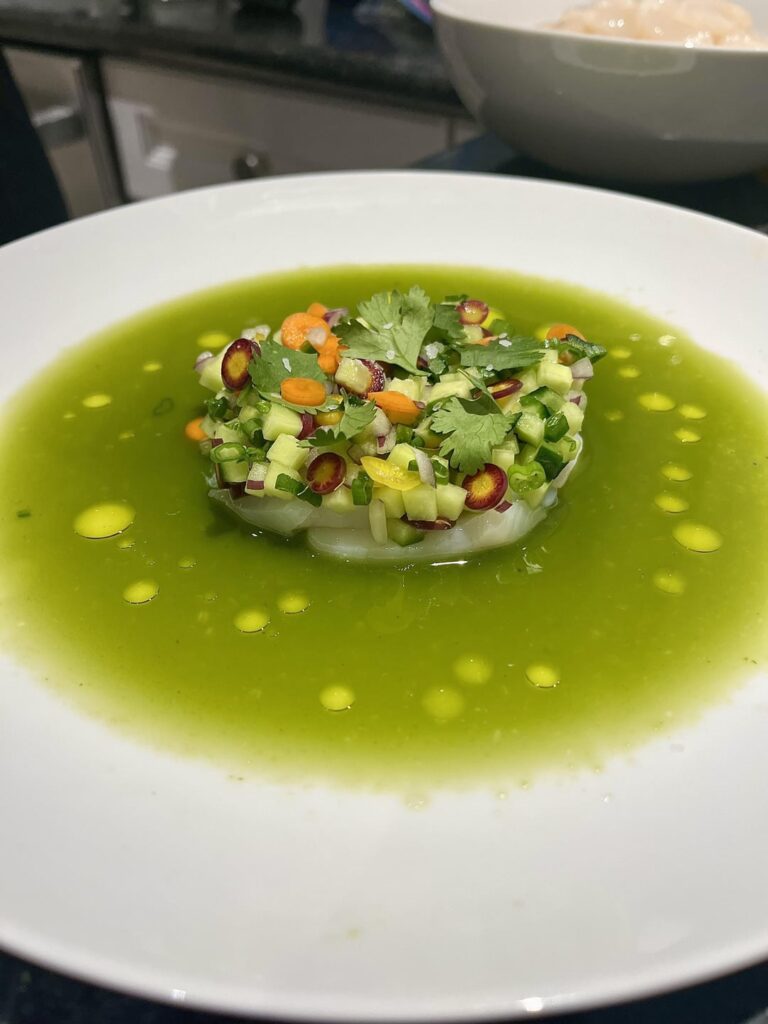 Raw Scallop Aguachile, jalepeno cucumber salad (should have wiped the rim)