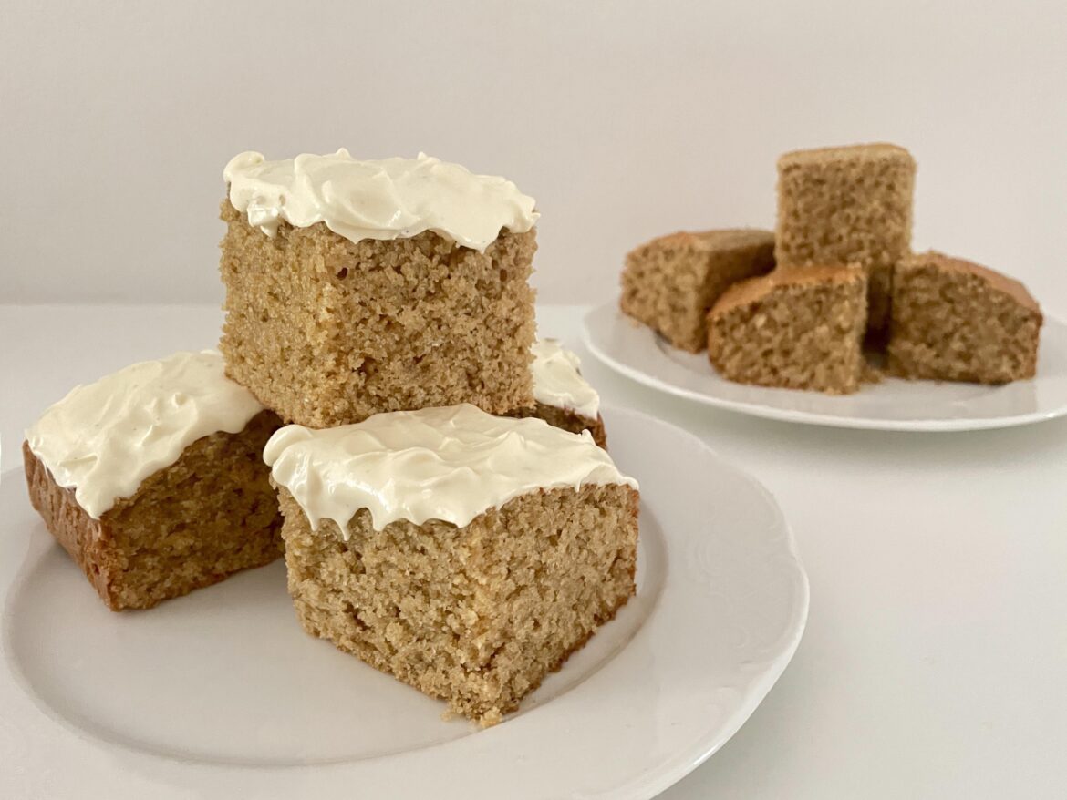 Healthy oat flour cake with cream cheese frosting