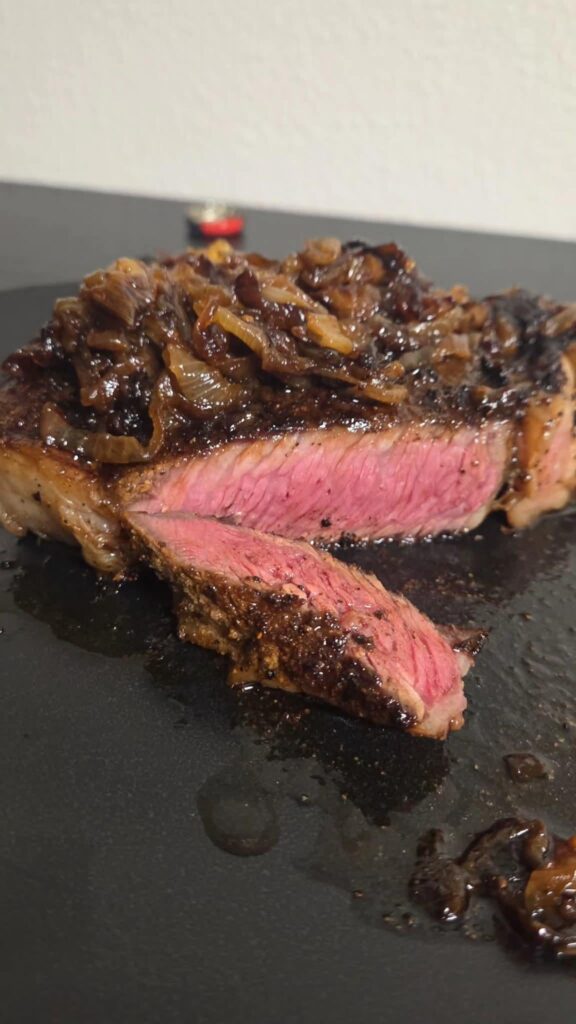 I've been practicing. Prime ribeye with caramelized onions