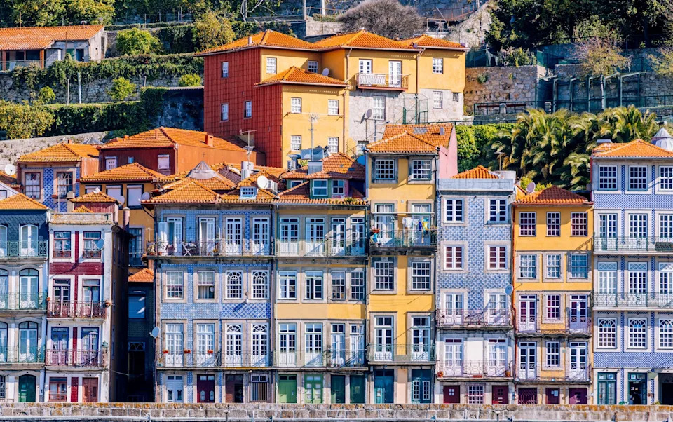 Traditional Portuguese houses with blue azulejo tile in Porto, Portugal