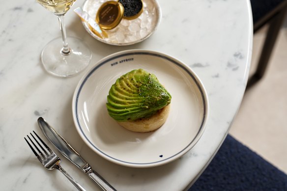 Sourdough crumpet with avocado and optional caviar.