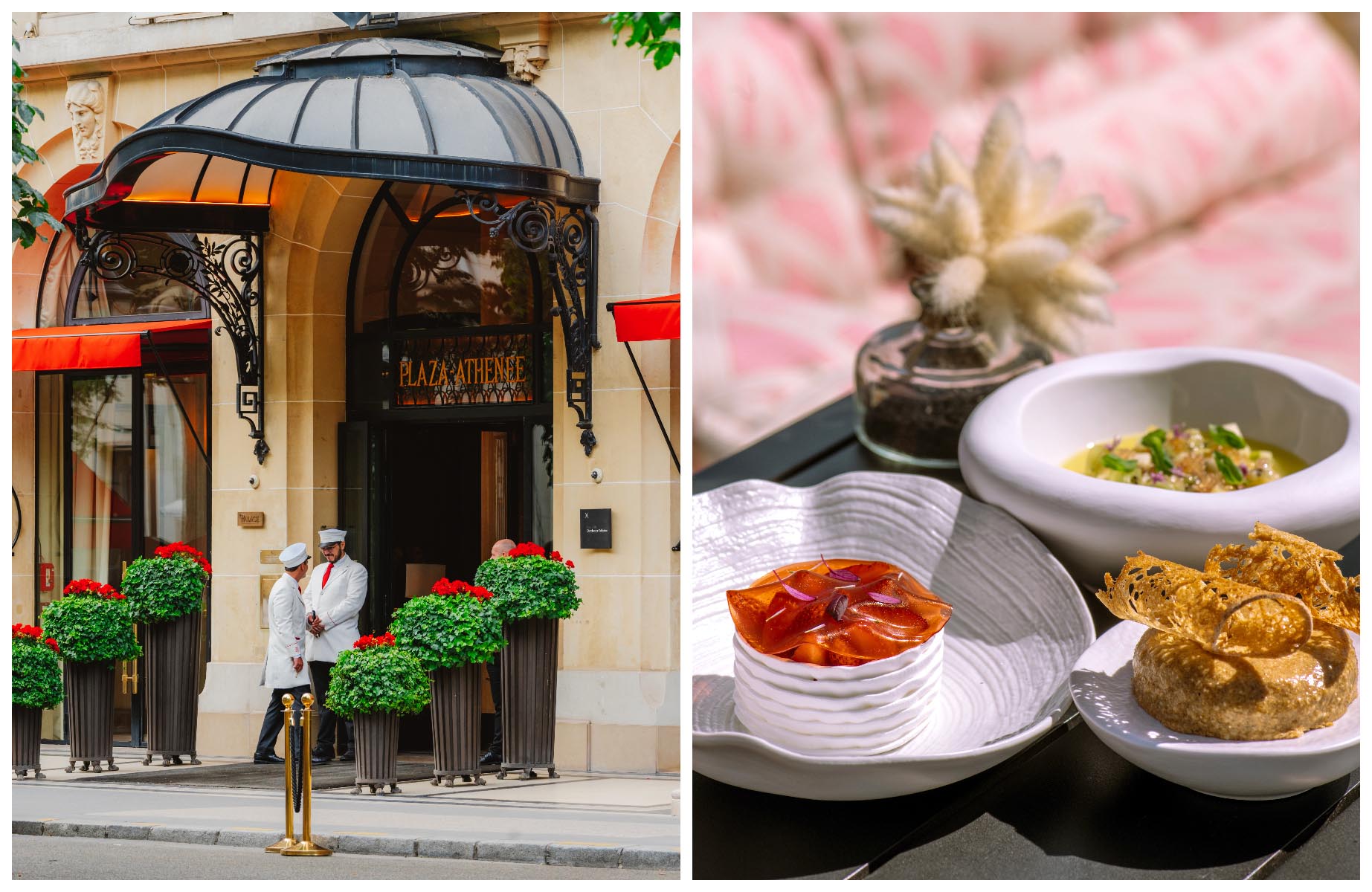 The entrance of Plaza Athénée, and appetizers at The Peninsula Hotel's newly relaunched rooftop bar. © Mary Quincy/The MICHELIN Guide - Maelle Saliou/The Peninsula Club
