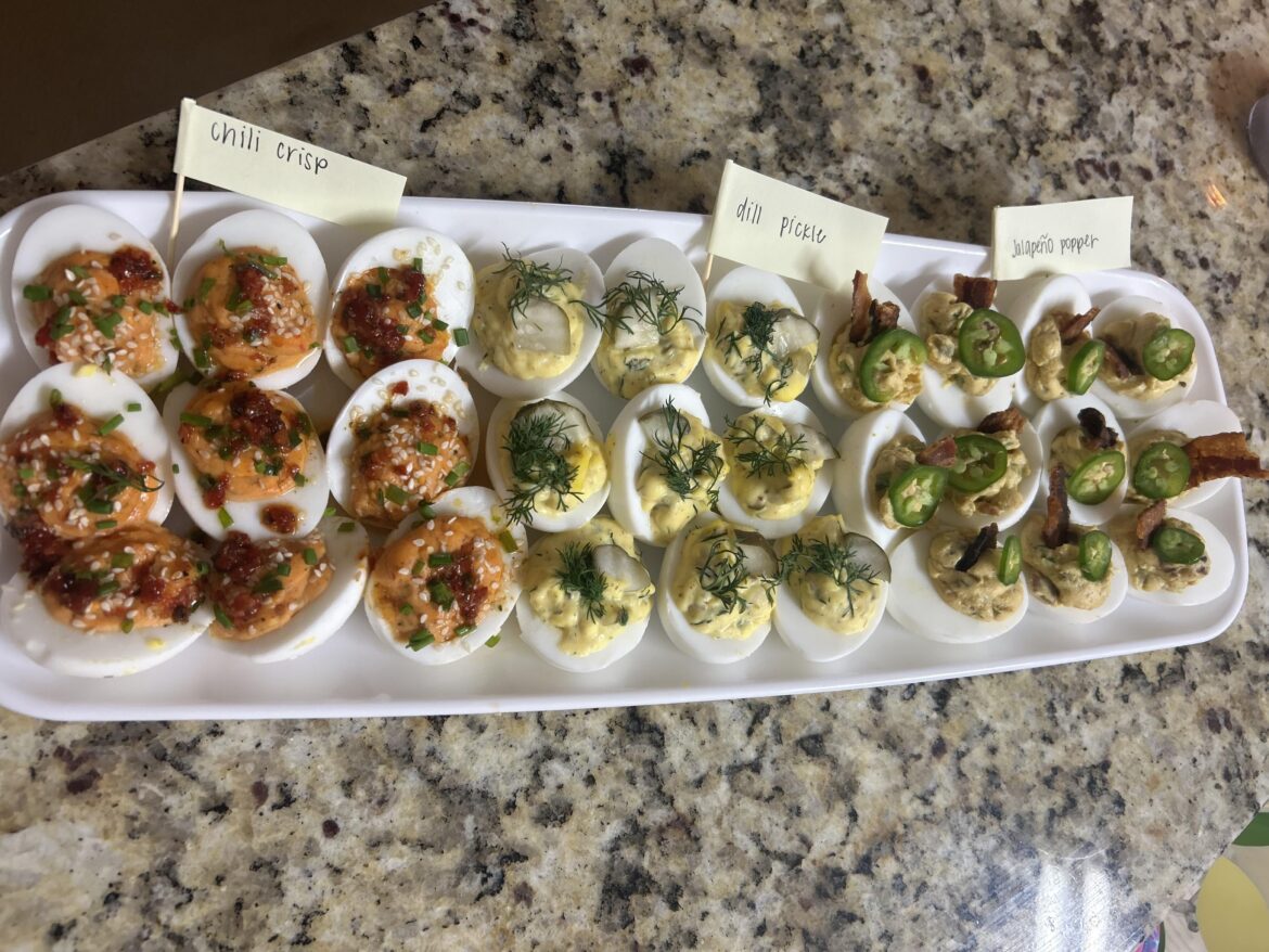 Chili crisp, dill pickle, and jalapeño popper deviled eggs
