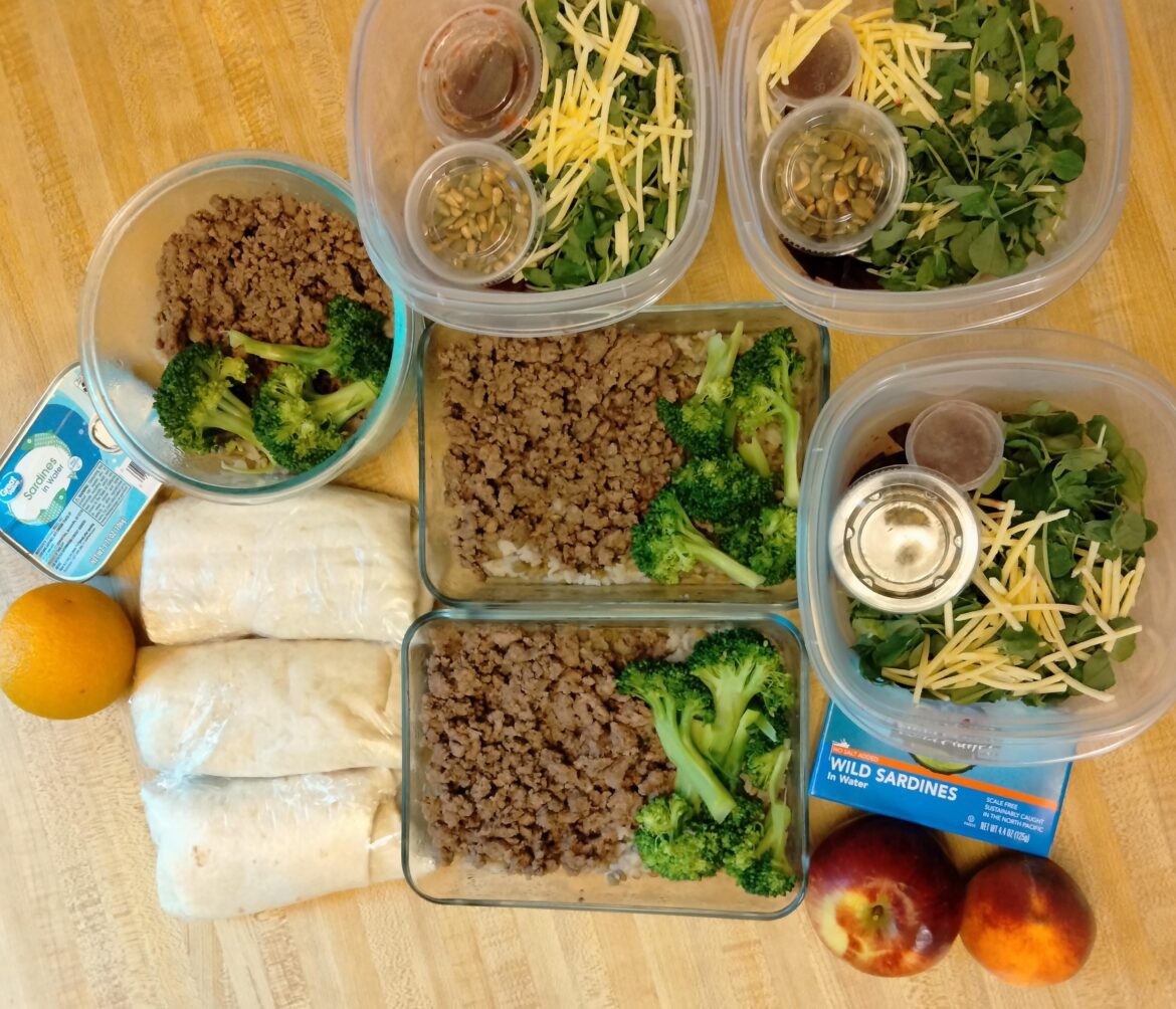 Trynna be healthy: breakfast burritos, beet salads with pea shoots and toasted pepitos, sardines, fresh fruit, elk and broccoli