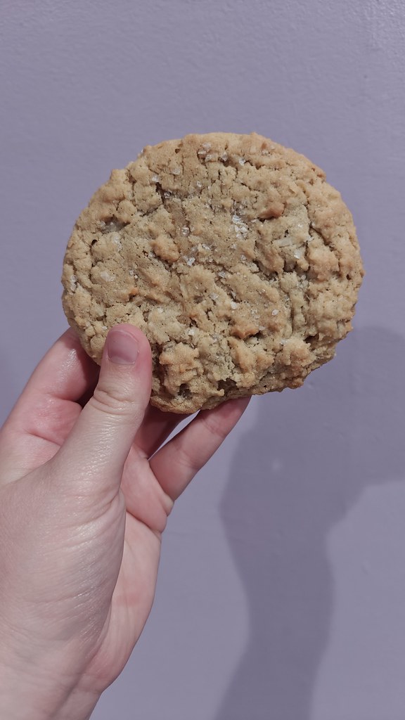 A big cookie with flaky sea salt on top, being held up by me in front of a light purple wall.