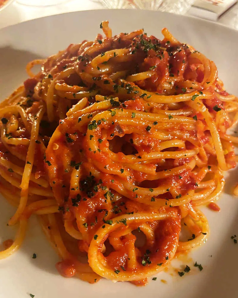 Spaghetti pasta topped with a rich tomato sauce and sprinkled with chopped parsley.