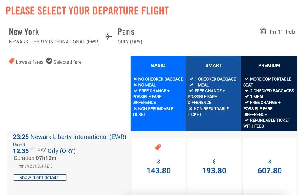 choosing fare class on french bee.