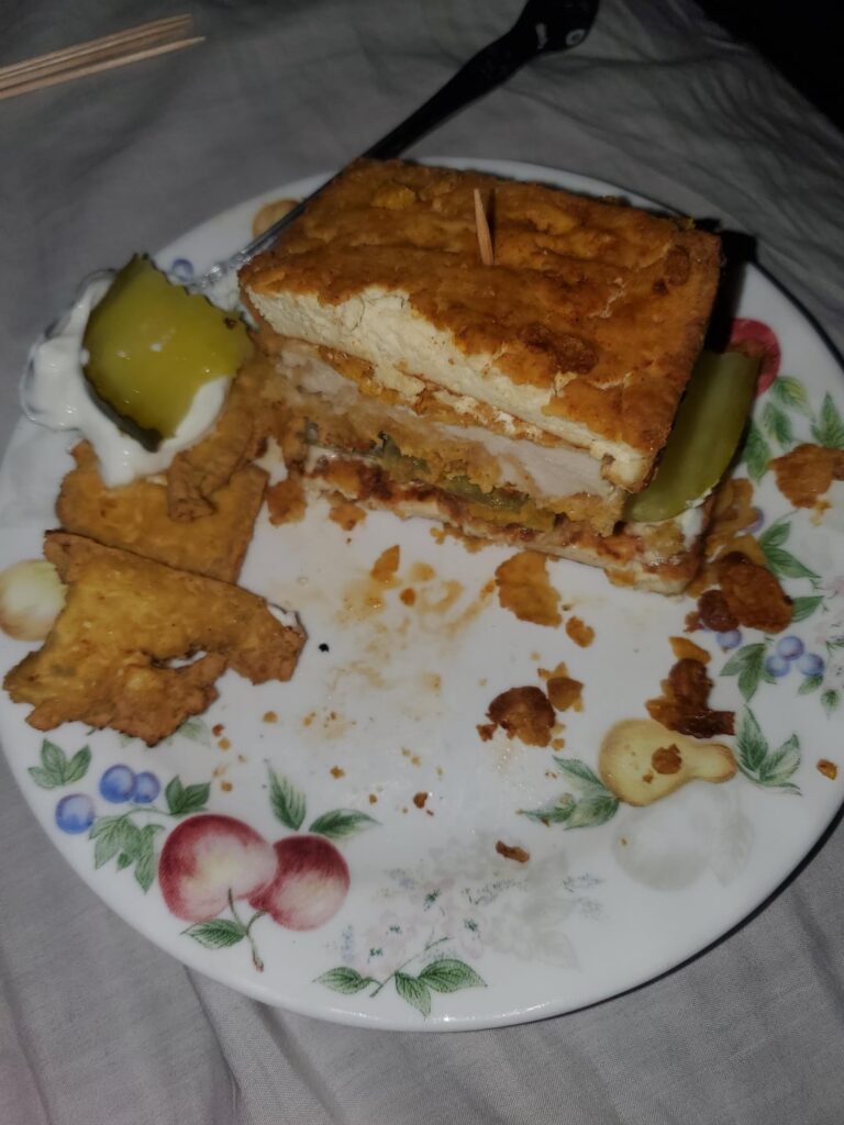 We forgot to buy any kind of bread, so I used tofu for my chicken sandwich