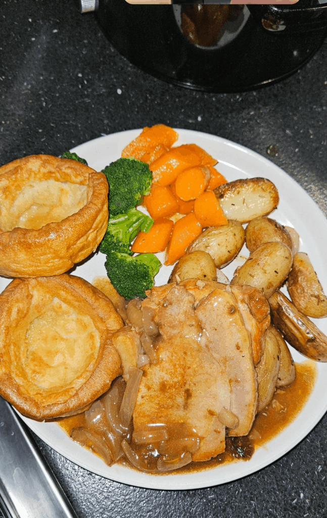 Slow cooker pork chops with onions and rosemary + buttered veg