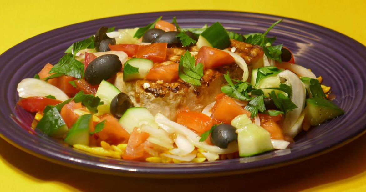 Italian-style swordfish with tomato, olive and cucumber salad, turmeric spiced orzo | Lifestyles