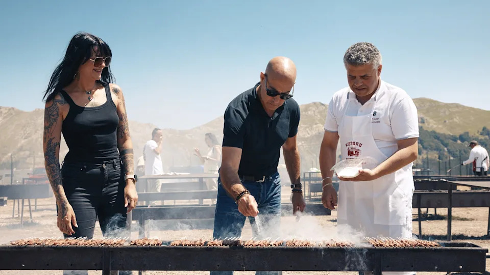 Stanley discovers unexpected delights in this wildest of regions, Abruzzo, one heìs never visited before. He stops at an iconic BBQ joint called Ristoro Mucciante and meets food and motor journalist Cristina Bachetti, left and cooks with one of the owners, Rodolfo Mucciante
