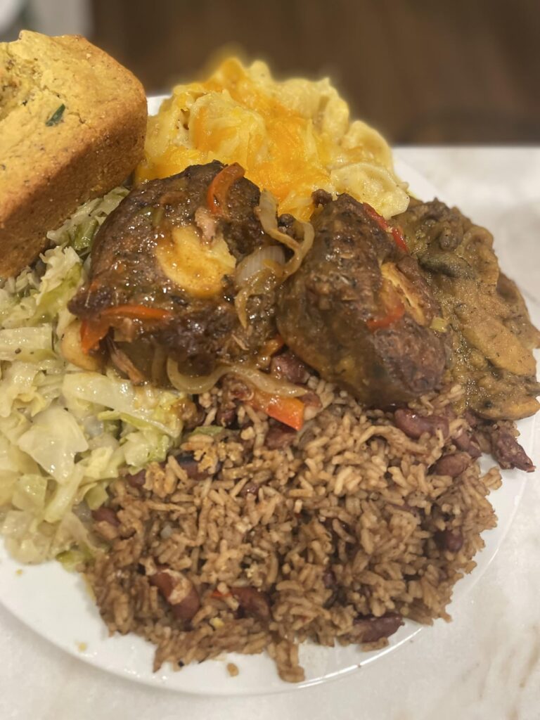 Vegan (M)oxtails, rice & peas, macaroni, curry blue oysters, cabbage & cornbread
