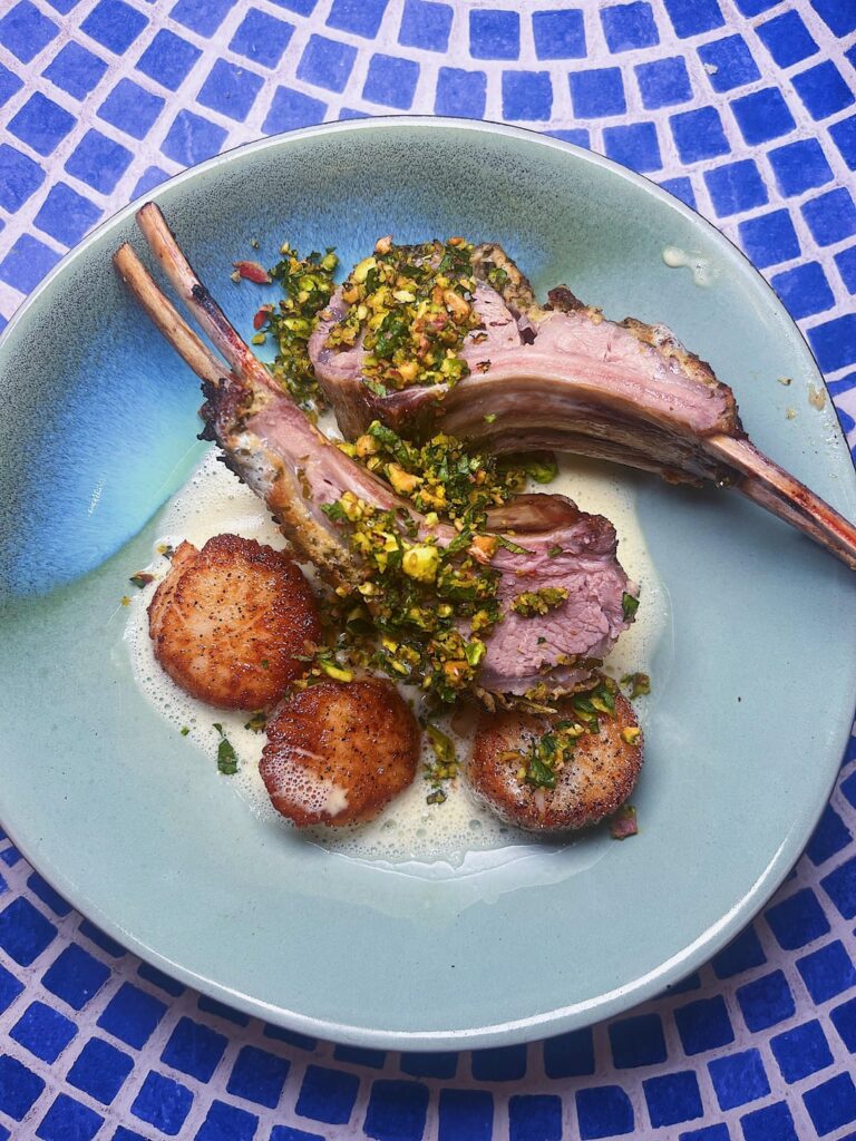 Surf & Turf: Scallops & Lamb w/ fried calamari, couscous & green beans