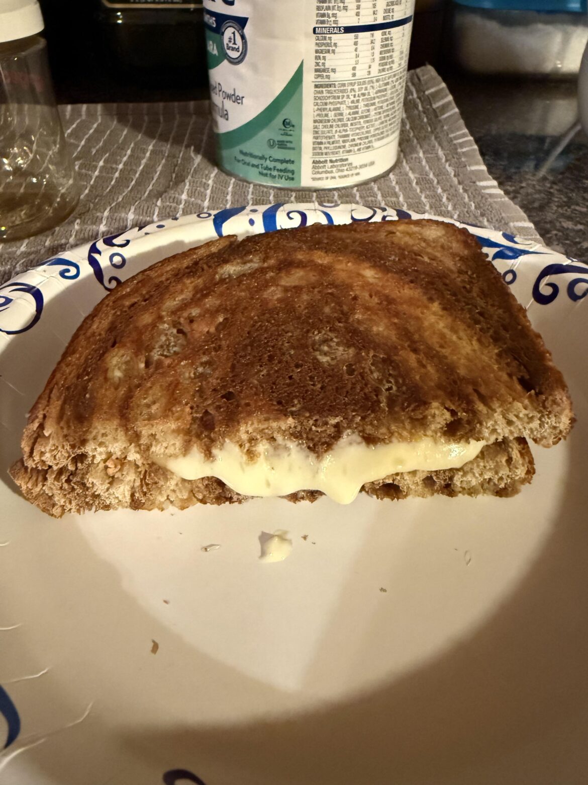 Marble rye with provolone and Muenster. Outsides got Duke’s mayo, insides got Colman’s mustard.
