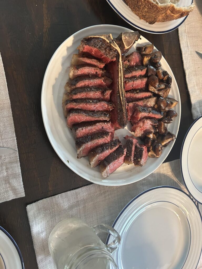 TOO RARE? 3lbs Prime Porterhouse with mushrooms prepared by my son and his better half made the salad.