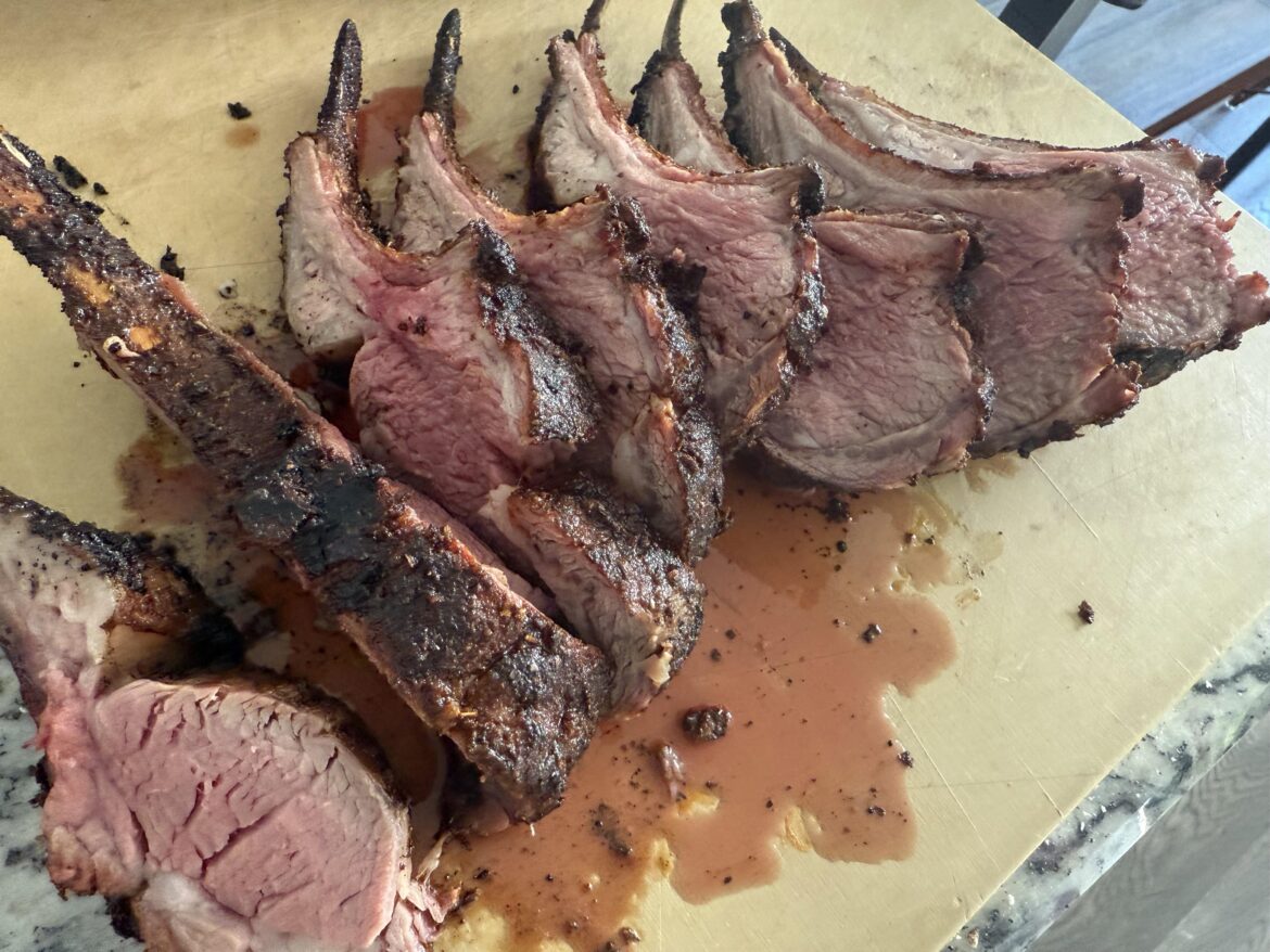 Rack of lamb is one of our favorite things off the pellet grill these days - spice crusted, reverse seared, finished at 600 degrees.