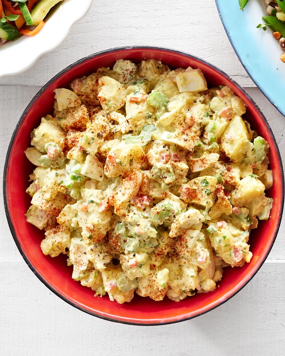 deviled egg potato salad in a red bowl on a table