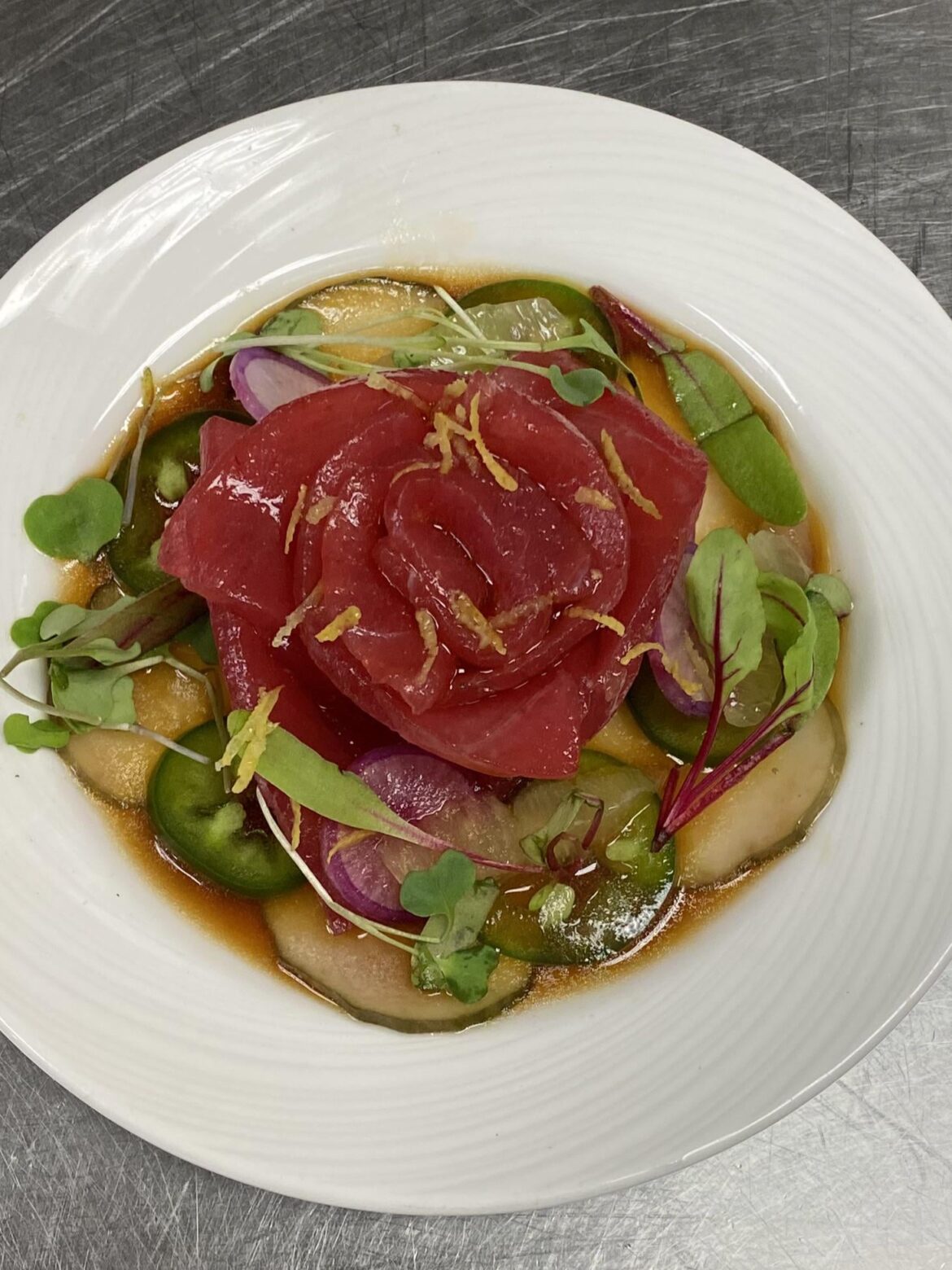 Blue fin tuna rose, hibiscus ponzu,  namasu pickles, jalapeño