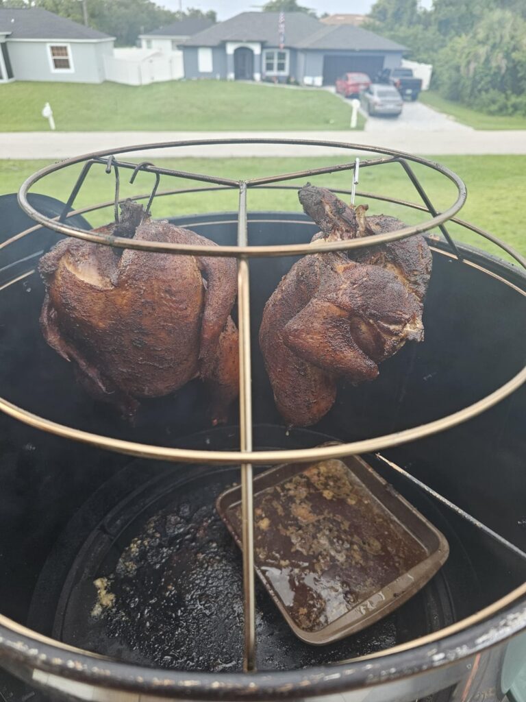 Hanging chicken/poultry is a game changer. I don't think I can go back now. 22" kettle drum extension from Onlyfire.