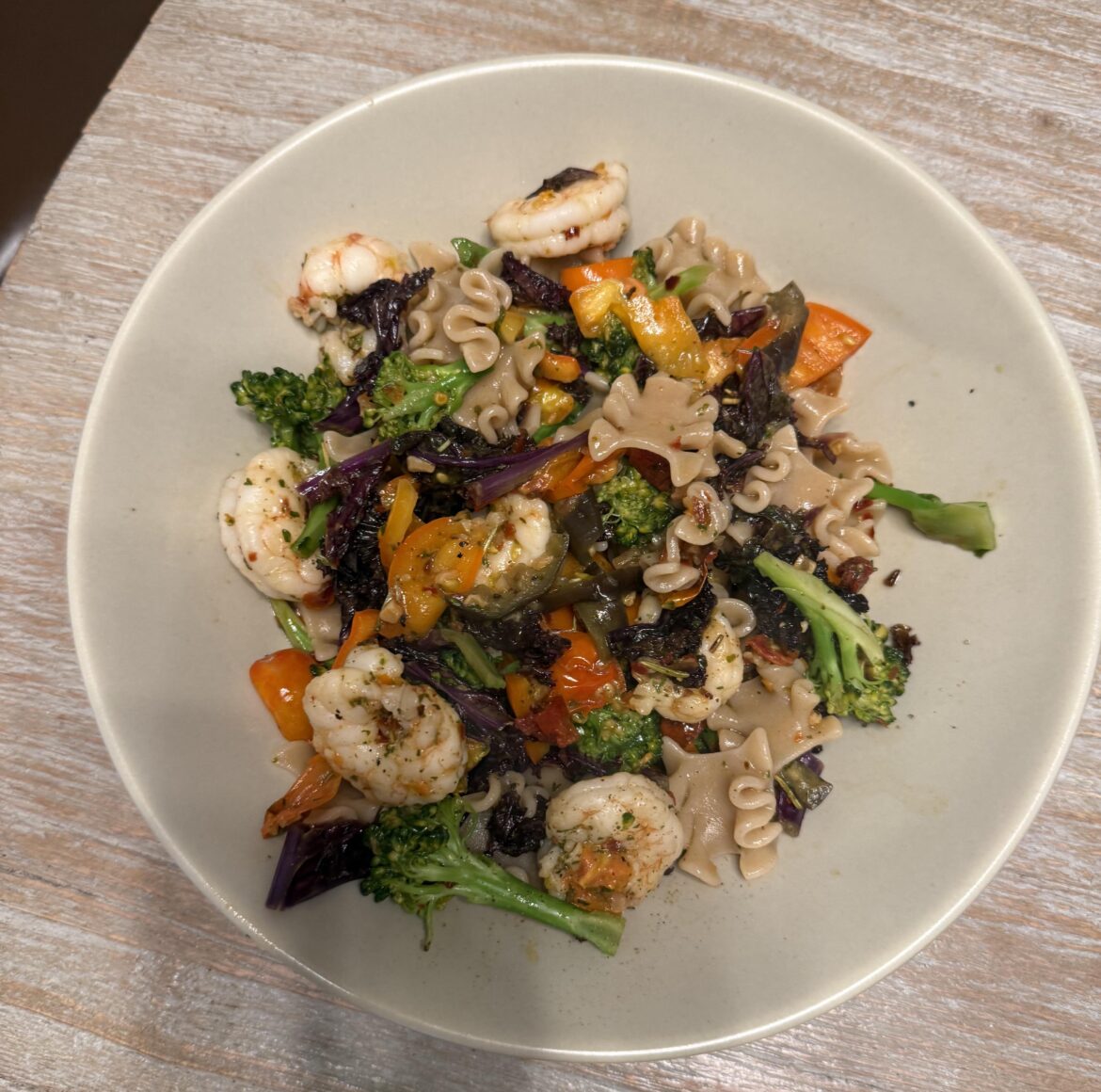 Shrimp, pasta, sauteed vegetables