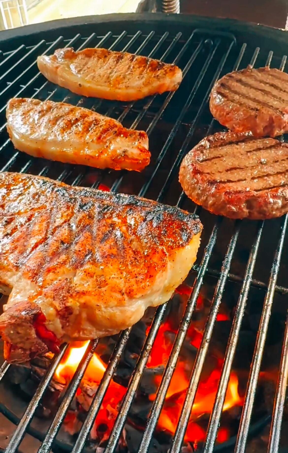 Pork chops and belly pork on the Kamado Joe Classic.